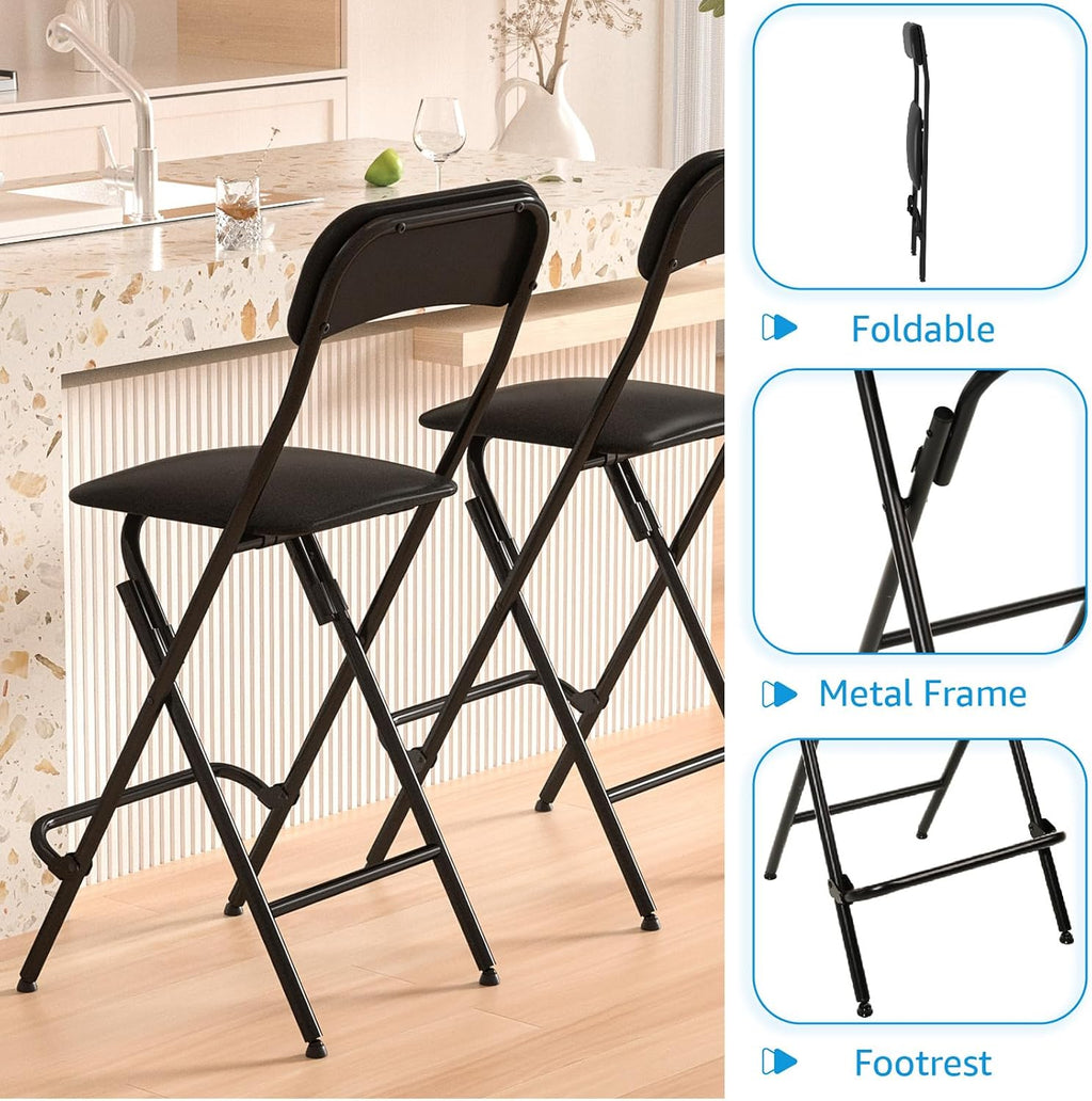 VENI HOME Folding Bar Stool with Backrest,25 Inch Leather Padded Counter Height Foldable Stool,Tall Folding Stool Chair for Gardening Kitchen Shop Cafe, Black (2 Pack)