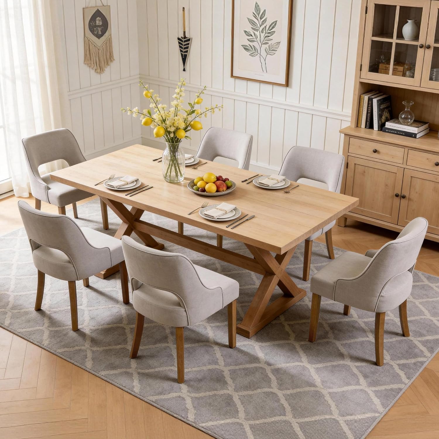 ClinQ Wooden Dining Chairs Set of 6, Modern Fabric Upholstered Kitchen Chairs Dining Chair, Mid Century Modern Chair for Kitchen Dining Room, Farmhouse Kitchen Chairs, Light Gray-Walnut Legs