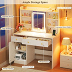 HUAHUU 37.4" Vanity Desk with Mirror and Lights, Makeup Vanity with LED Sliding Mirror, 3-Color Lights, USB/Type-C Charging, White Vanity Desk with Storage Cabinet, 2 Drawers & 6 Shelves for Bedroom