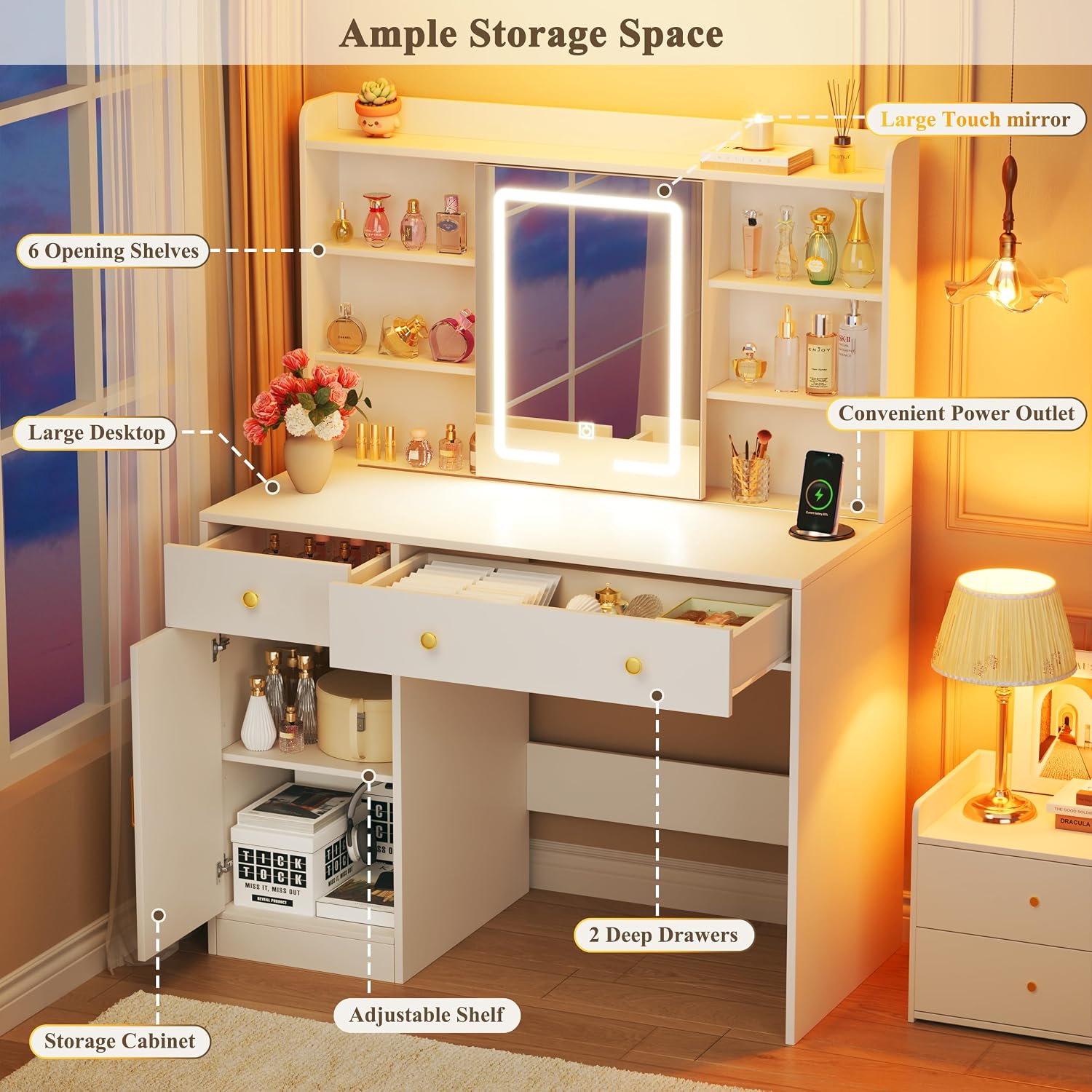 HUAHUU 37.4" Vanity Desk with Mirror and Lights, Makeup Vanity with LED Sliding Mirror, 3-Color Lights, USB/Type-C Charging, White Vanity Desk with Storage Cabinet, 2 Drawers & 6 Shelves for Bedroom