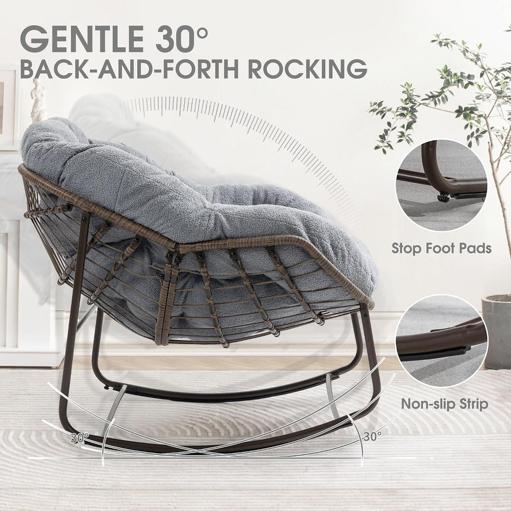 Oversized Papasan Rocking Chair - Outdoor Luxury Egg Chair Indoor Rattan Comfy Rock Chair with Cushion for Patio Garden Porch Lounge Lawn Bedroom Living Room (Grey Teddy)