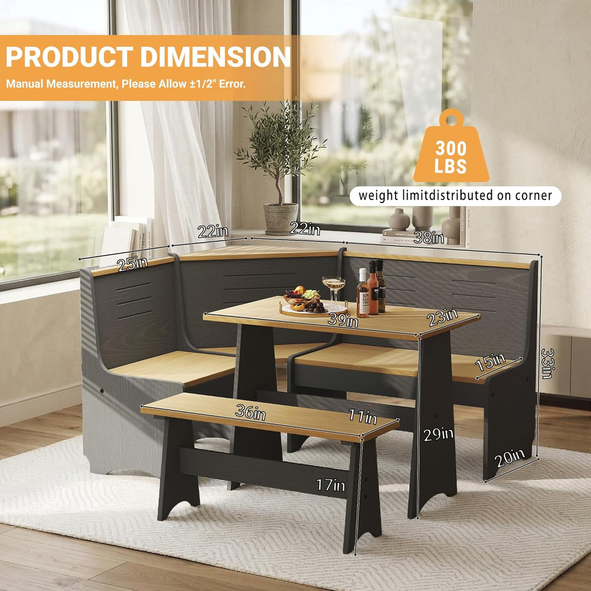 ENOR 3-5 People Breakfast Nook Set, L-Shaped Corner Dining Table with Bench, Hidden Storage Space Saving Convertible for Family Home Black Wood
