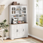 Tall Kitchen Pantry Cabinet with Glass Doors and Hutch, 70.9'' Storage, Built-in Charging Station, Dining Room Wine Rack & Cupboard - Modern White and Brown
