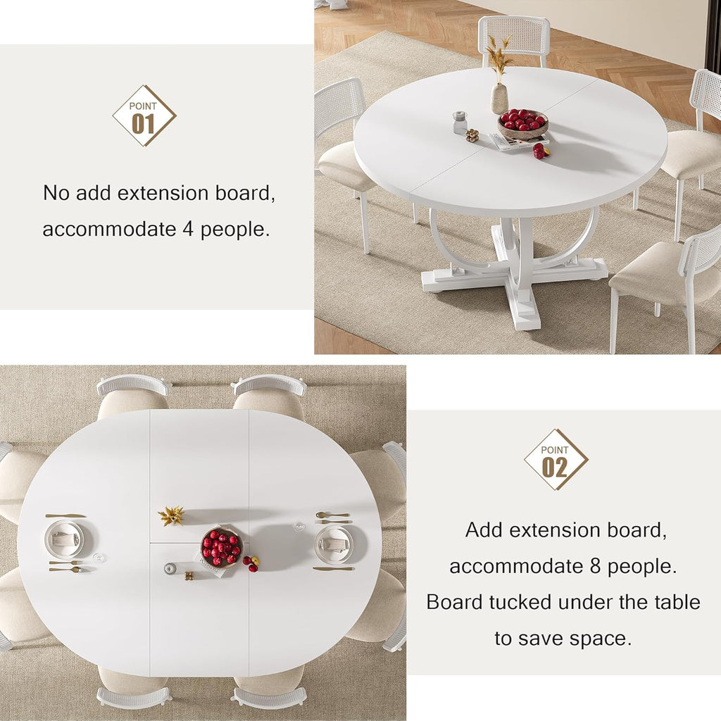 Einhomn 59" Extendable Round Dining Table for 4-6, Modern Oval Kitchen Table with Heavy Duty Curved Legs & Pedestal Base, Space Saving Circle Dinner Room Table for Dining Kitchen Living Room, White