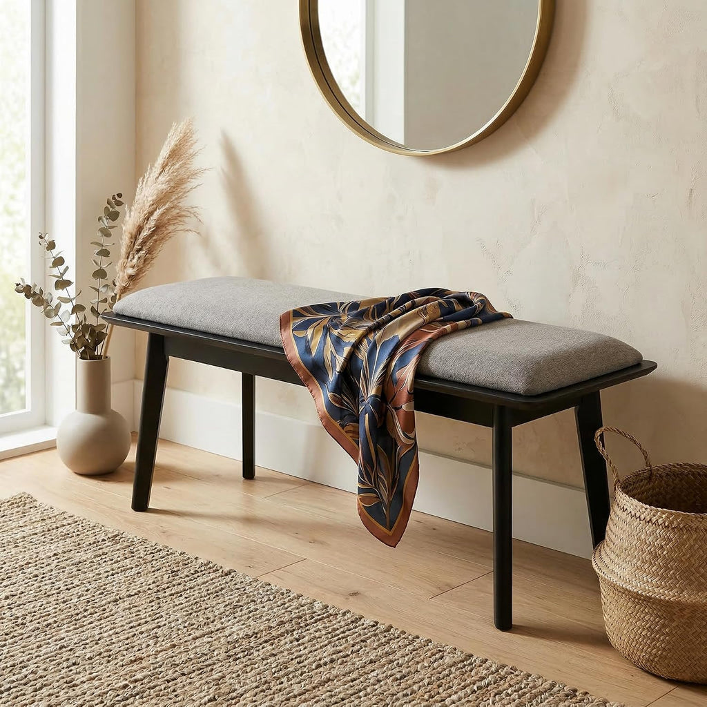 Kmax Entryway Bench, 46" Dining Bench with Wood Leg Rustic Upholstered Window Bench for Entrance Dining Room Living Room - Chenille Grey, Black Legs
