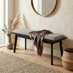 Kmax Entryway Bench, 46" Dining Bench with Wood Leg Rustic Upholstered Window Bench for Entrance Dining Room Living Room - Chenille Grey, Black Legs
