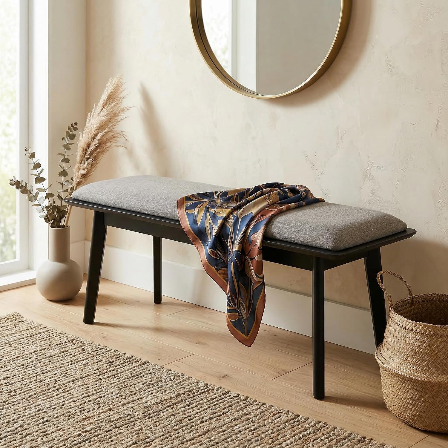 Kmax Entryway Bench, 46" Dining Bench with Wood Leg Rustic Upholstered Window Bench for Entrance Dining Room Living Room - Chenille Grey, Black Legs