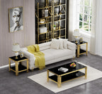 Henf 3-Piece Black Glass Living Room Table Set, 2-Tier Glass Coffee Table & 2 End Tables, Luxury Gold Coffee Table Set of 3 with Shining Golden Frame for Living Room Apartment Office