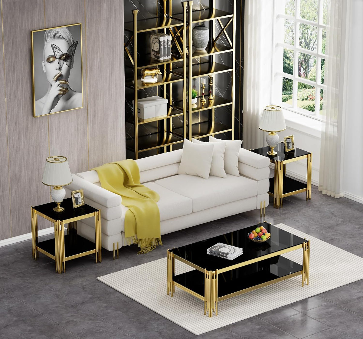 Henf 3-Piece Black Glass Living Room Table Set, 2-Tier Glass Coffee Table & 2 End Tables, Luxury Gold Coffee Table Set of 3 with Shining Golden Frame for Living Room Apartment Office