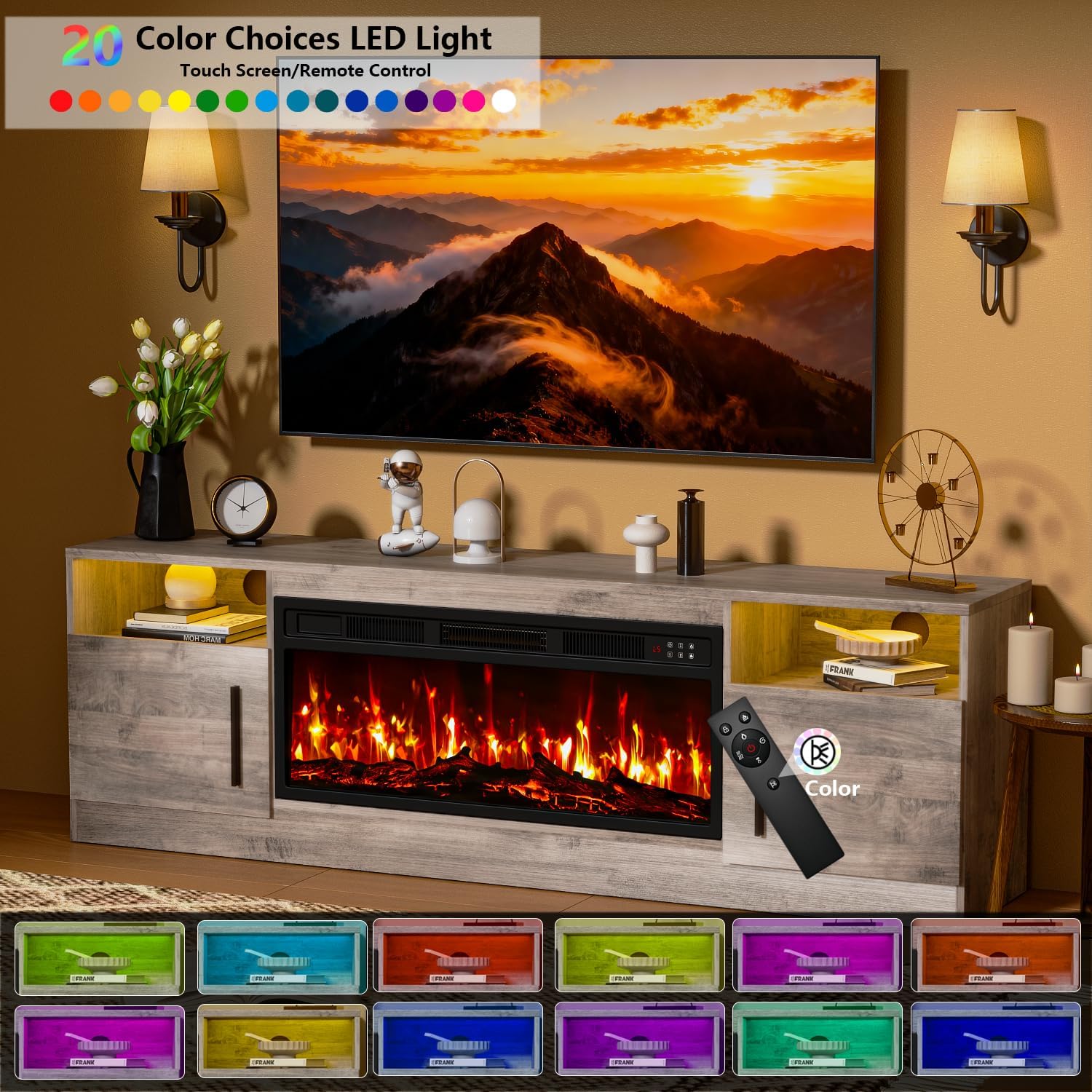 PRETZI Fireplace TV Stand with 36" Fireplace Up to 80" TVs for Living Room | 70" Modern Wood Texture Entertainment Center with Adjustable LED Lights, TV Media Console with Highlight Storage Cabinet,Gray