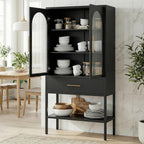 63" Tall Metal Storage Cabinet with Glass Doors, Kitchen Pantry Cabinet with Drawers & Adjustable Shelves, Freestanding Metal Cabinet for Kitchen, Dining Room and Home Organization Black