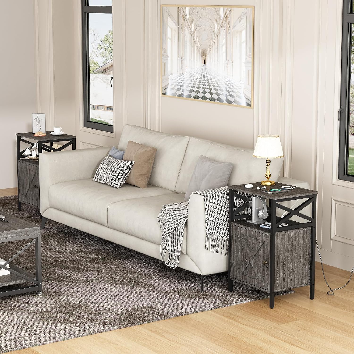 End Table Set of 2 with Charging Station, Side Table with Power Outlet & USB Ports, Nightstand with 2 Tiers Storage Space and Storage Cabinet, Sofa Side Tables for Bedroom, Living Room,Office, Grey