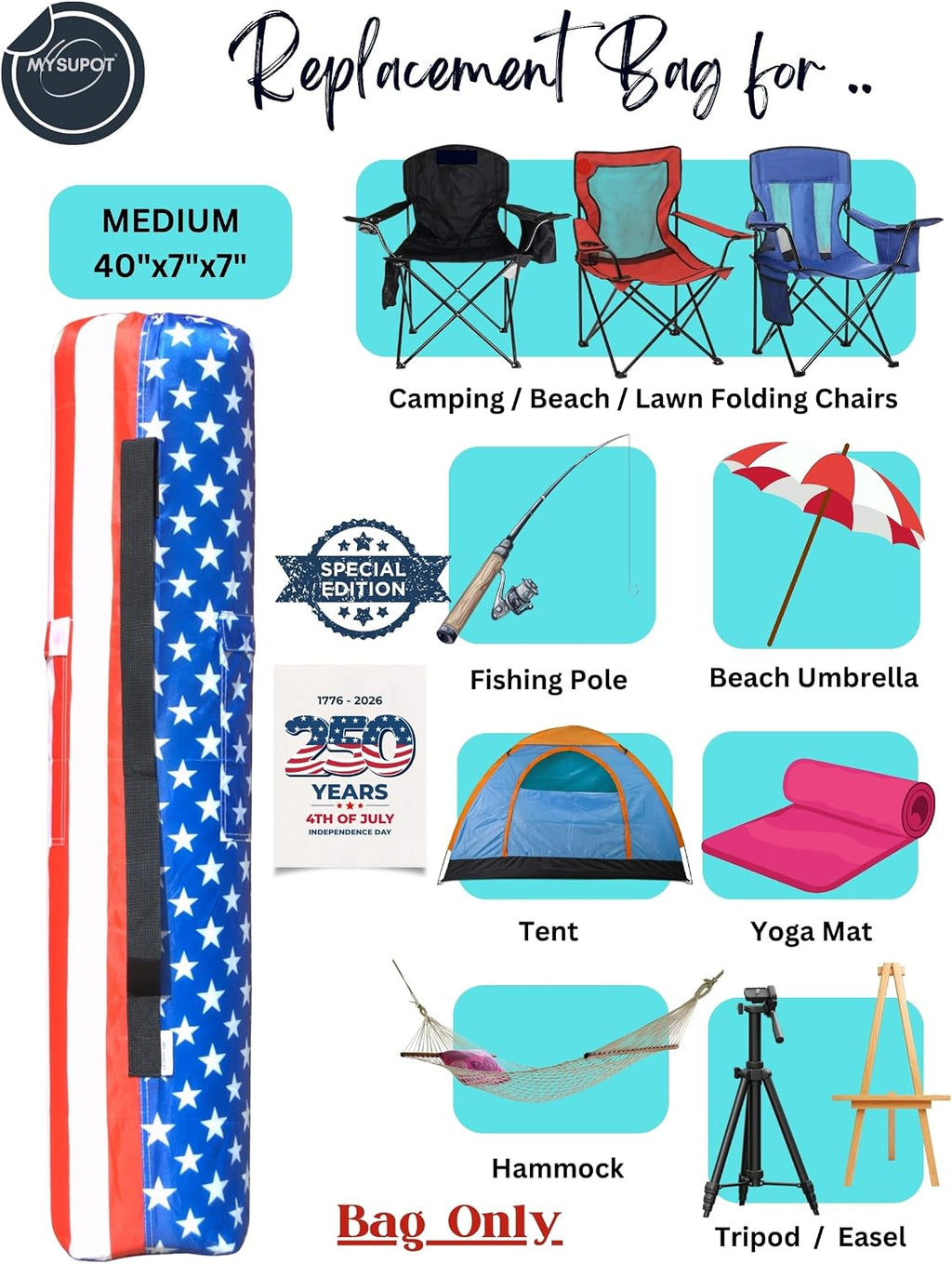 Replacement Bag for Folding Camping Chair, Portable Camp Chair, Hammock, Yoga Mat, Umbrella, Tents, Tripods, Fishing Poles - 420D Oxford Polyester Fabric