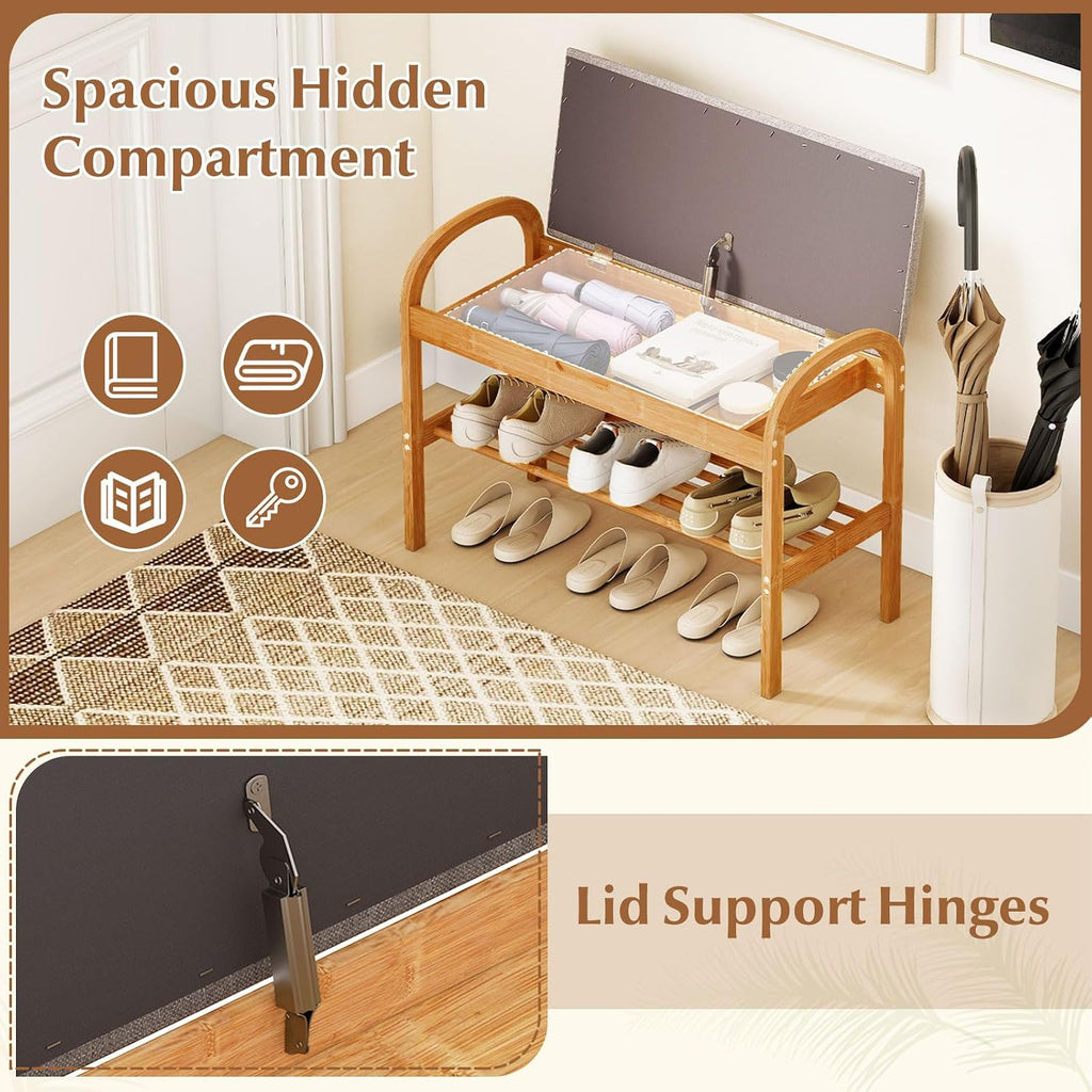 Giantex Shoe Bench with Flip-Top Storage, Bamboo 2-Tier Entryway Bench with Padded Cushion, Shoe Rack Bench for Hallway, Closet, Foyer, Living Room, Bedroom, Mudroom (with Flip-Top Storage)