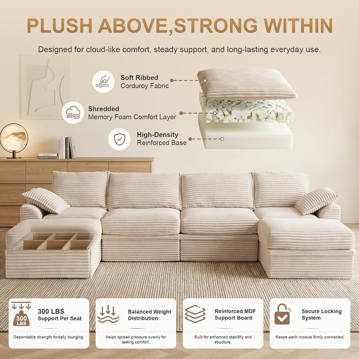 142" Upgraded Couch with Storage, Modular Sectional Couches for Living Room, Oversized Deep Seat 6-Seat U Shaped Cloud Sofa with Ottoman & Pillows,Corduroy,No Assembly(Beige)