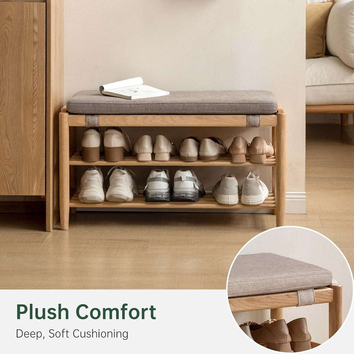 YESWOOD Solid Wood Shoe Bench Assembled, Shoe Rack Bench with Cushion for Entryway, Living Room, Bedroom, Hallway, 31.49“ x 11.81” x 17.71", Nature+Gray