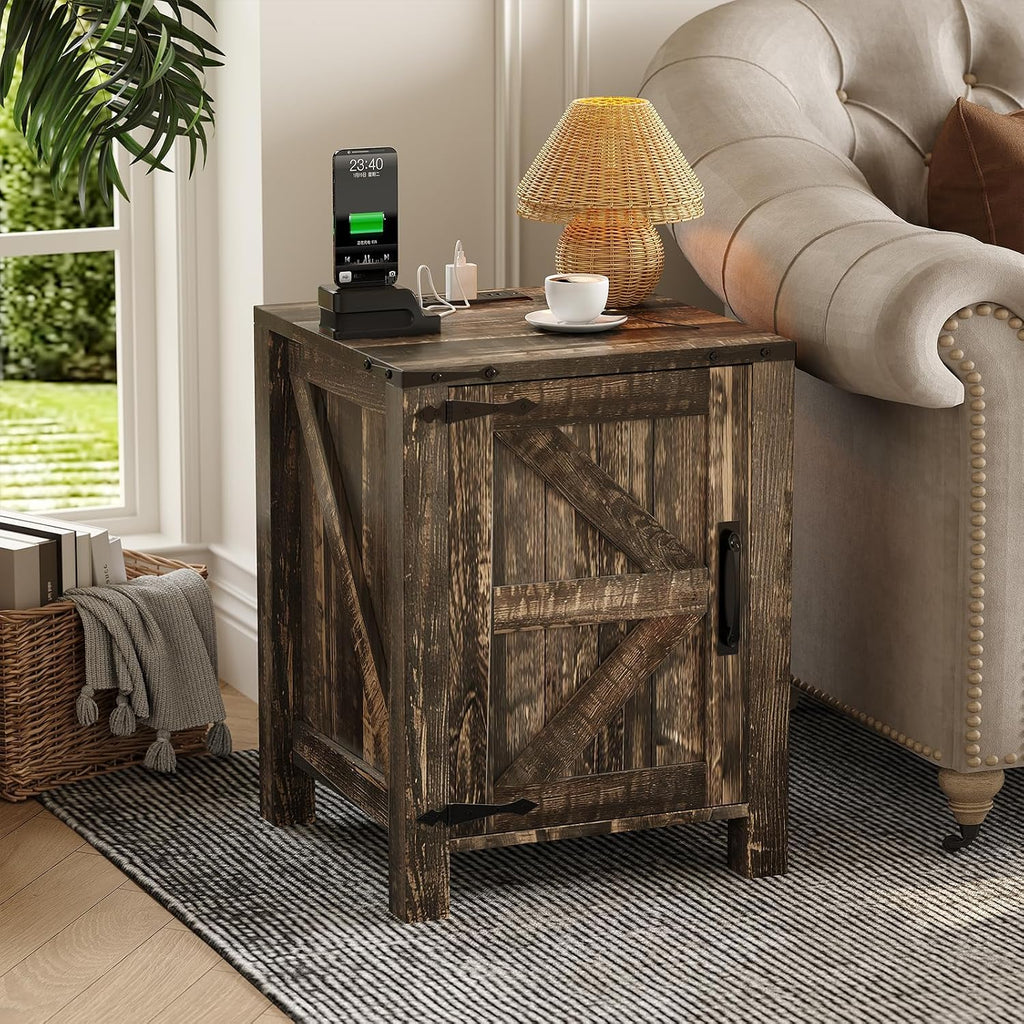 Takywep 18 Inch Nightstand with Charging Station, Farmhouse Wooden Bedside Table with Barn Door and Adjustable Shelf, 2-Tier End Table for Bedroom Living Room, Dark Brown