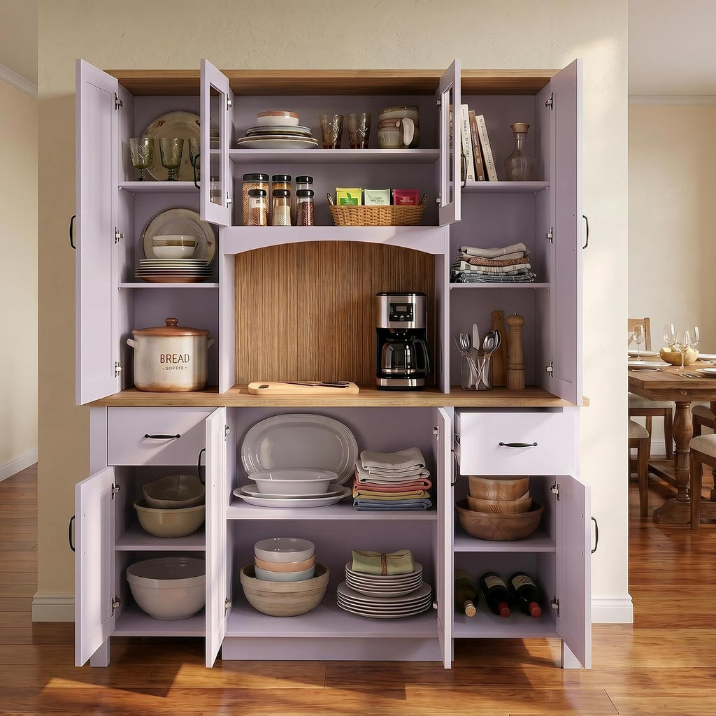 Large Wide Kitchen Pantry Storage Cabinet with Hutch, 79" Tall Farmhouse Pantry Storage Cupboard with Doors and 2 Drawers, Modern Coffee Bar Buffet Sideboard for Dining Room, Light Purple