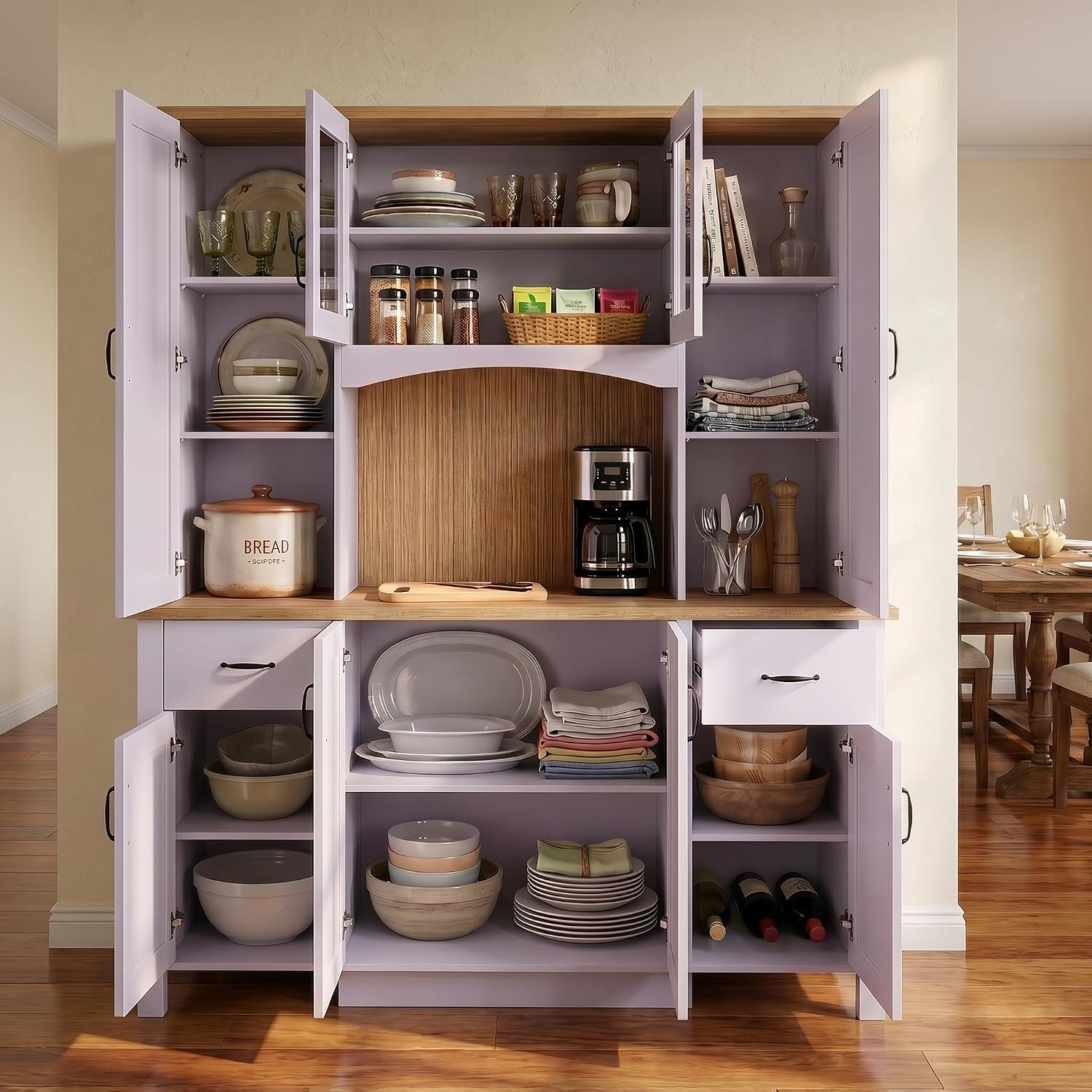 Large Wide Kitchen Pantry Storage Cabinet with Hutch, 79" Tall Farmhouse Pantry Storage Cupboard with Doors and 2 Drawers, Modern Coffee Bar Buffet Sideboard for Dining Room, Light Purple