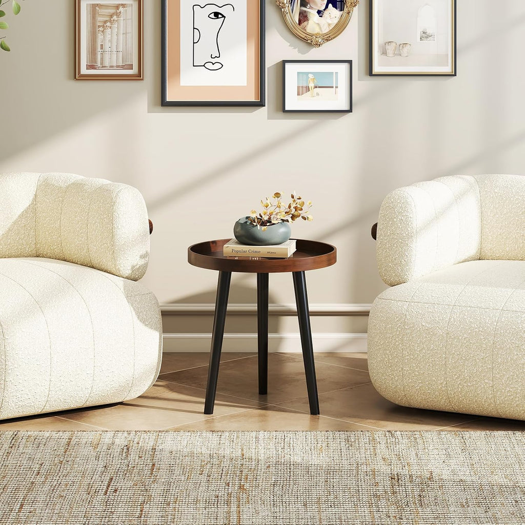 Giantex Round End Table, Mid Century Modern Side Table with Wooden Tray & Bamboo Legs, Sofa Couch Accent Table, Small Coffee Table for Small Space Living Room, Nightstand for Bedroom, Walnut