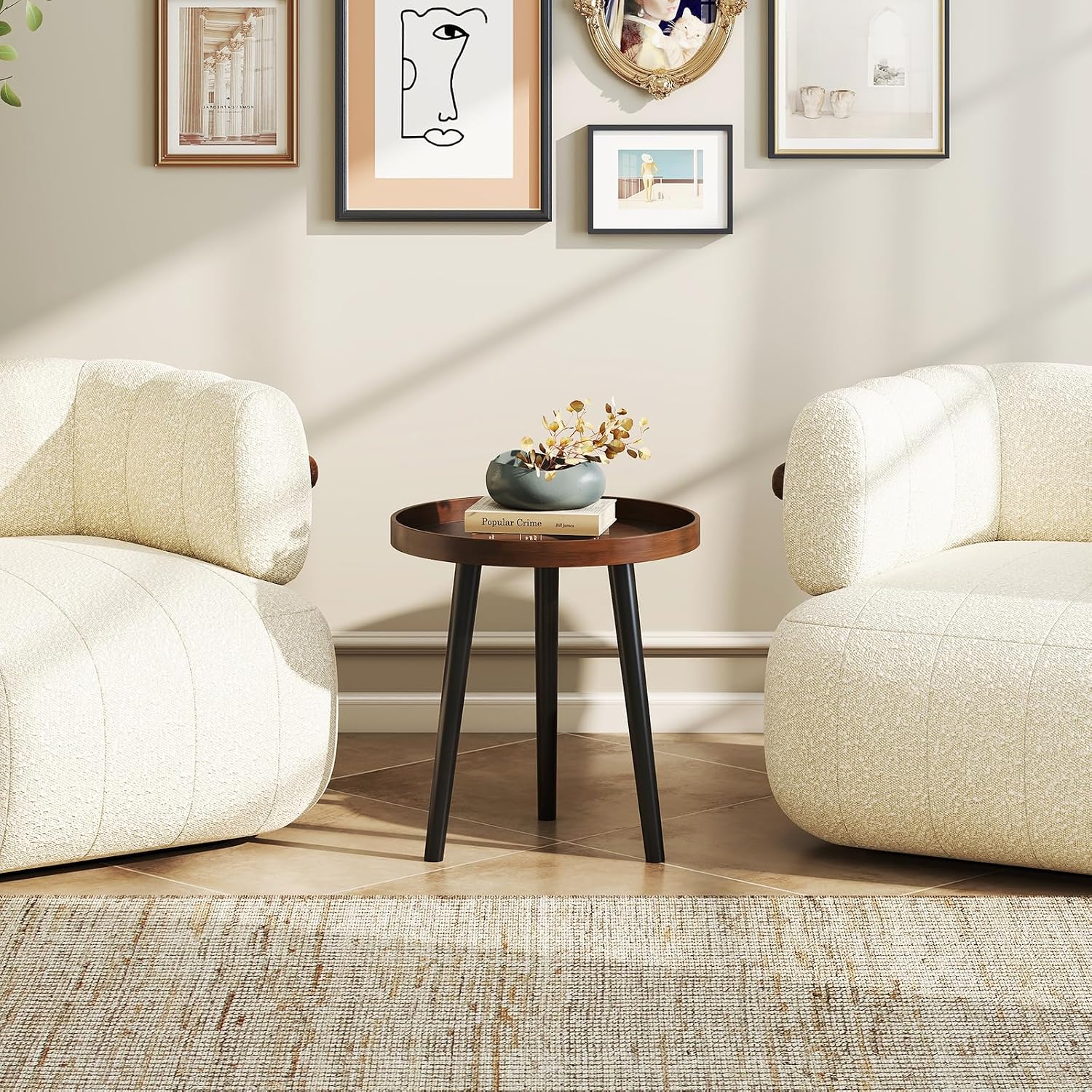 Giantex Round End Table, Mid Century Modern Side Table with Wooden Tray & Bamboo Legs, Sofa Couch Accent Table, Small Coffee Table for Small Space Living Room, Nightstand for Bedroom, Walnut
