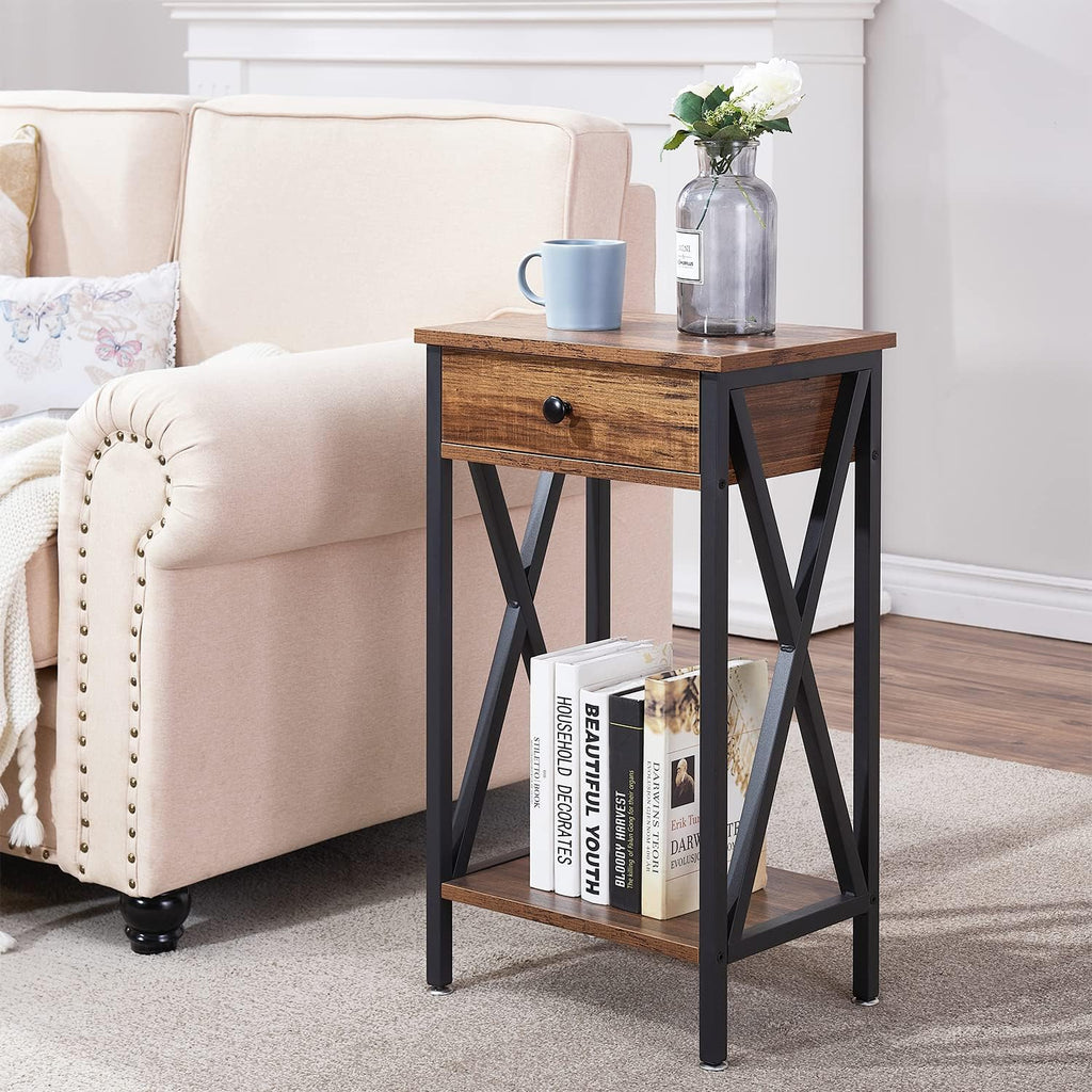 VECELO Tall Nightstand,27.6 inch Wooden End Table with Metal X-Frame,Side Table with Drawer and Storage Shelf for Living Room Bedroom Entryway Small Spaces