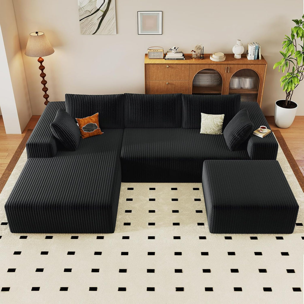 96" Cloud Sectional Couch with U-Shaped Chaise, Corduroy Sectional Sofa with Ottoman, Couch with Deep Seat in a Box for Living Room, No Assembly Required (Black, Left Facing Chaise)