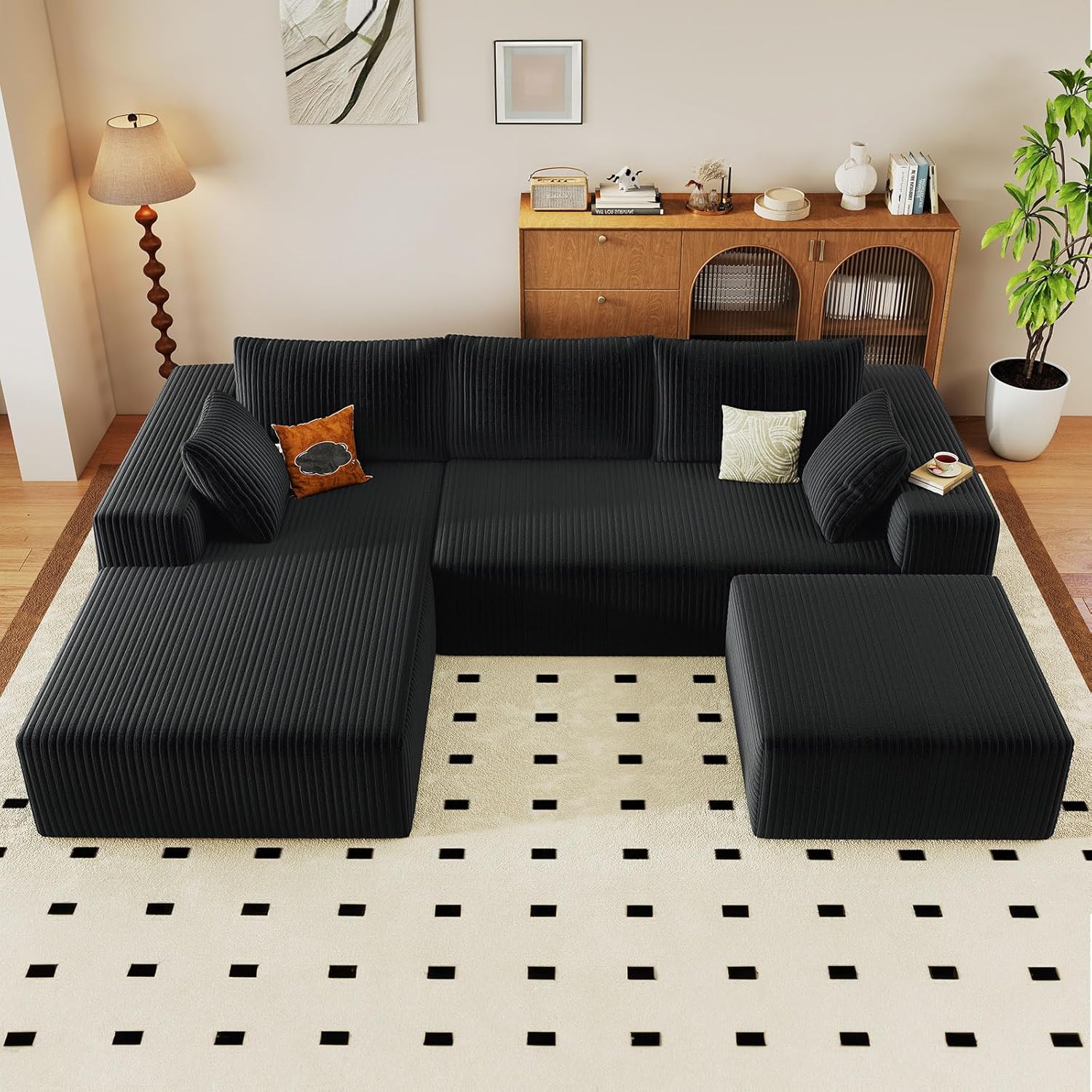 96" Cloud Sectional Couch with U-Shaped Chaise, Corduroy Sectional Sofa with Ottoman, Couch with Deep Seat in a Box for Living Room, No Assembly Required (Black, Left Facing Chaise)