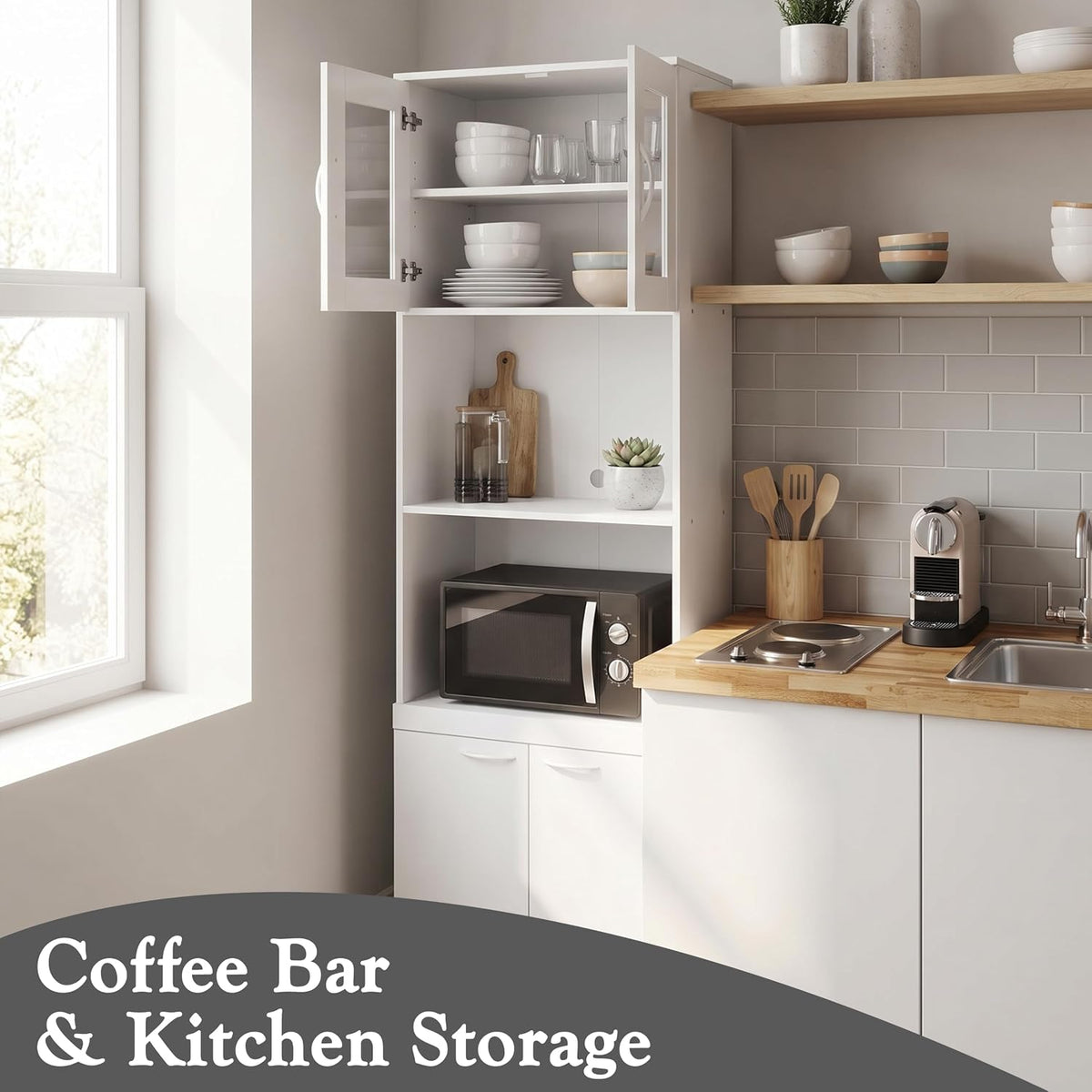 Kings Brand Furniture - Danbury Tall Kitchen Pantry, Microwave Storage Cabinet, White