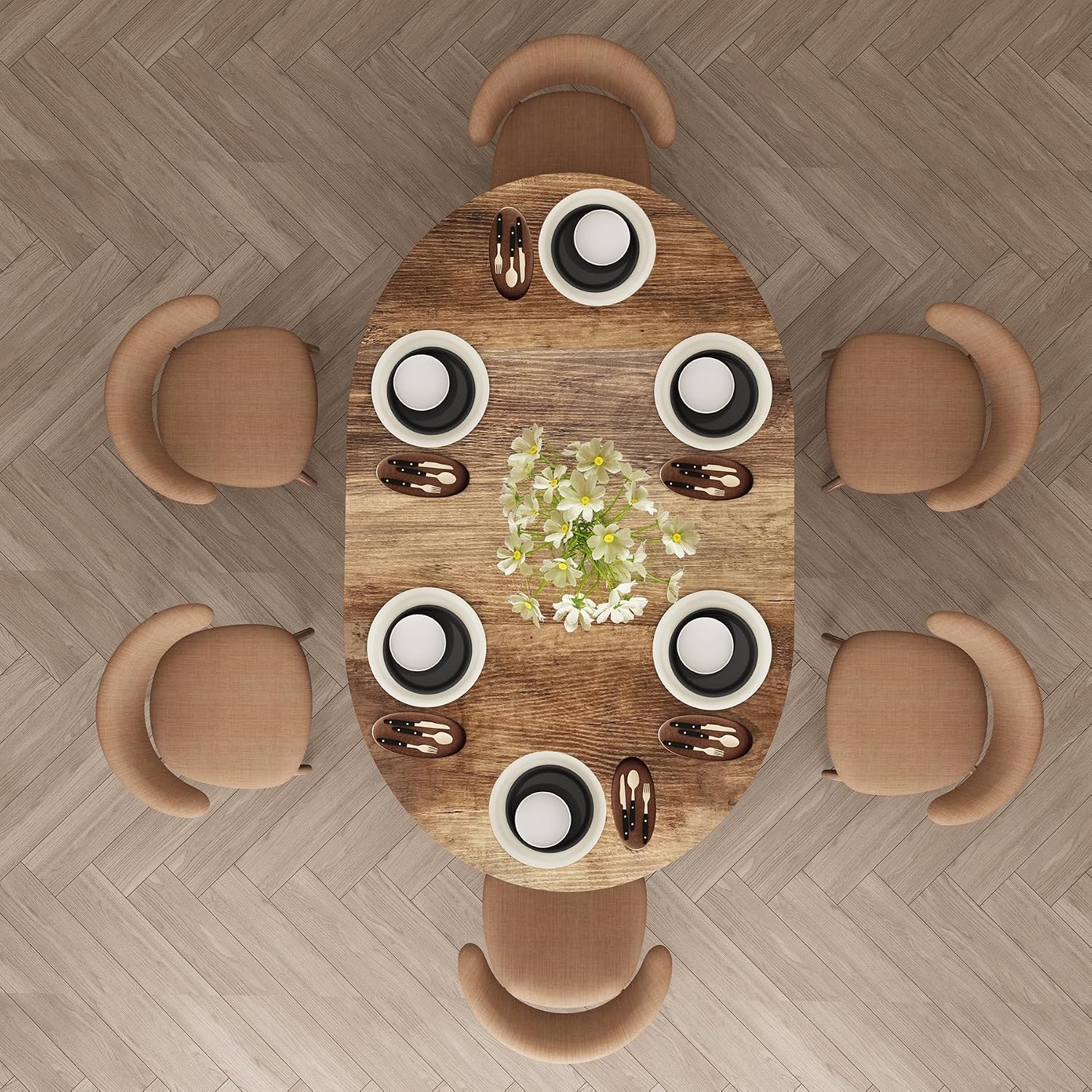 59-Inch Extendable Round Dining Table for Dining Room, 4-6 People Large Expandable Kitchen Dinner Tables with Oval Wood Top and Industrial Metal Frame for Dinner Room, Small Space, Black Brown