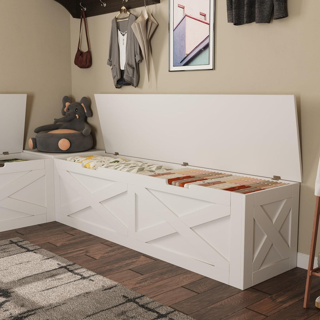 Bobve L-Shape Storage Bench with Cushion, Backless Corner Dining Bench, Kitchen Dining Nook Bench with Hidden Storage for Dining Room, Kitchen, Entryway (White+Grey)