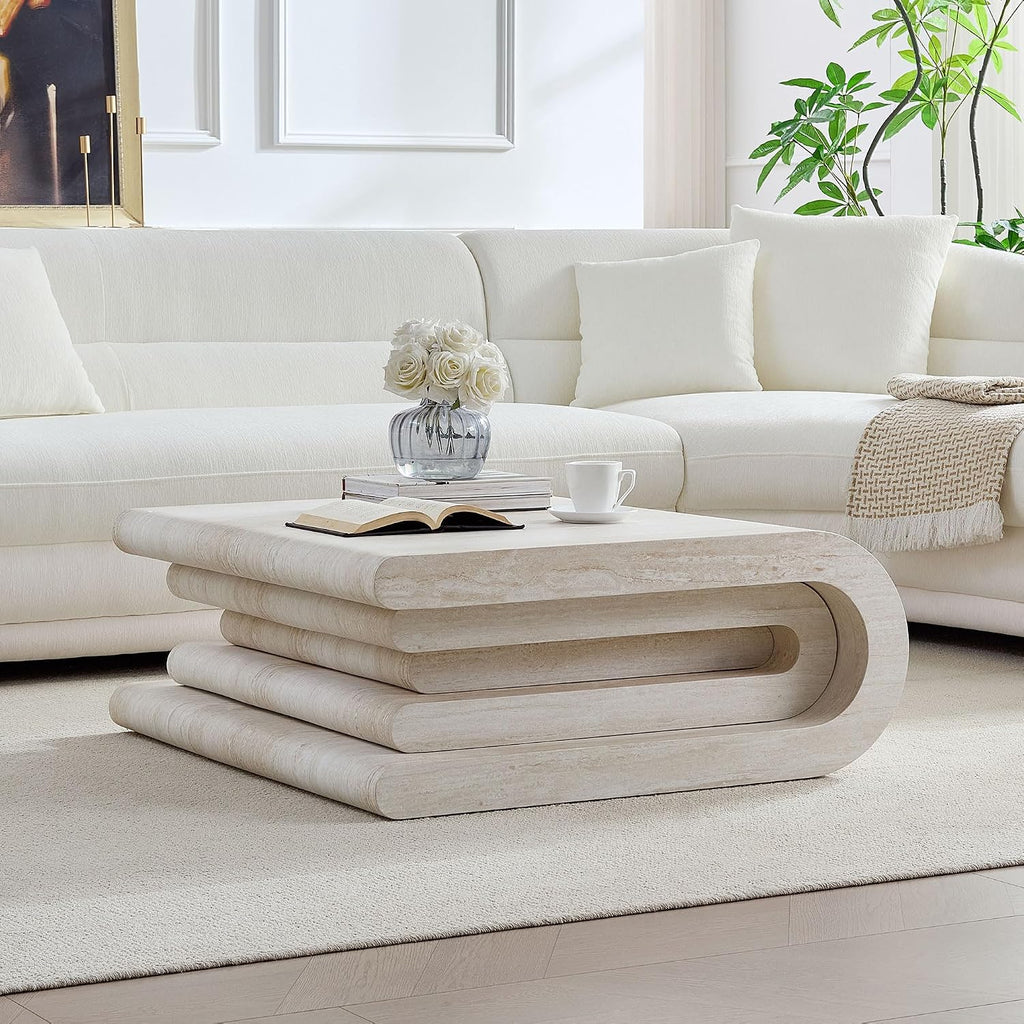 33.89" Square Faux Travertine Pattern Coffee Table for Living Room,MDF Modern Design Irregular Table with Layered Base for Office,Apartment,No Need Assembly,Beige