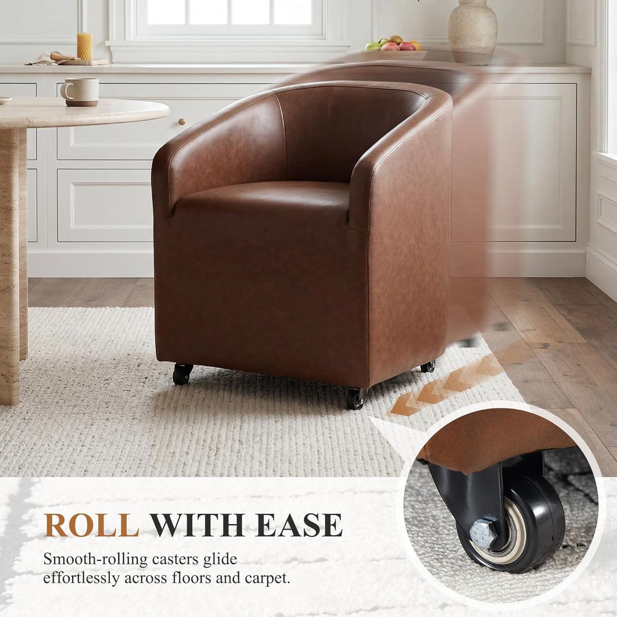 CIMOTA Brown PU Leather Barrel Dining Chairs with Wheels, Set of 1 — Modern Upholstered Swivel Dining Room Chairs on Casters for Kitchen, Living Room
