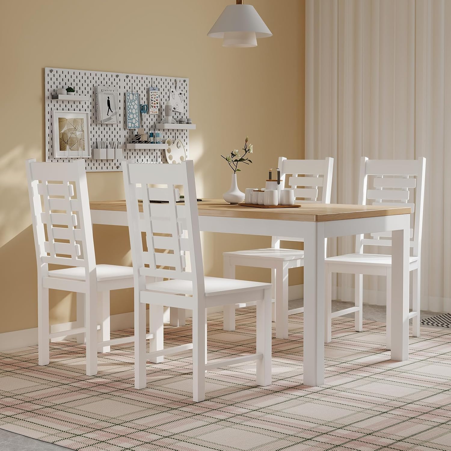 Giantex Wooden Dining Chairs Set of 4, 100% Solid Rubber Wood Kitchen Chair with High & Tilted Backrest, Wide Seat, Mid-Century Modern Side Armless Chairs for Dining Room Living Room, White