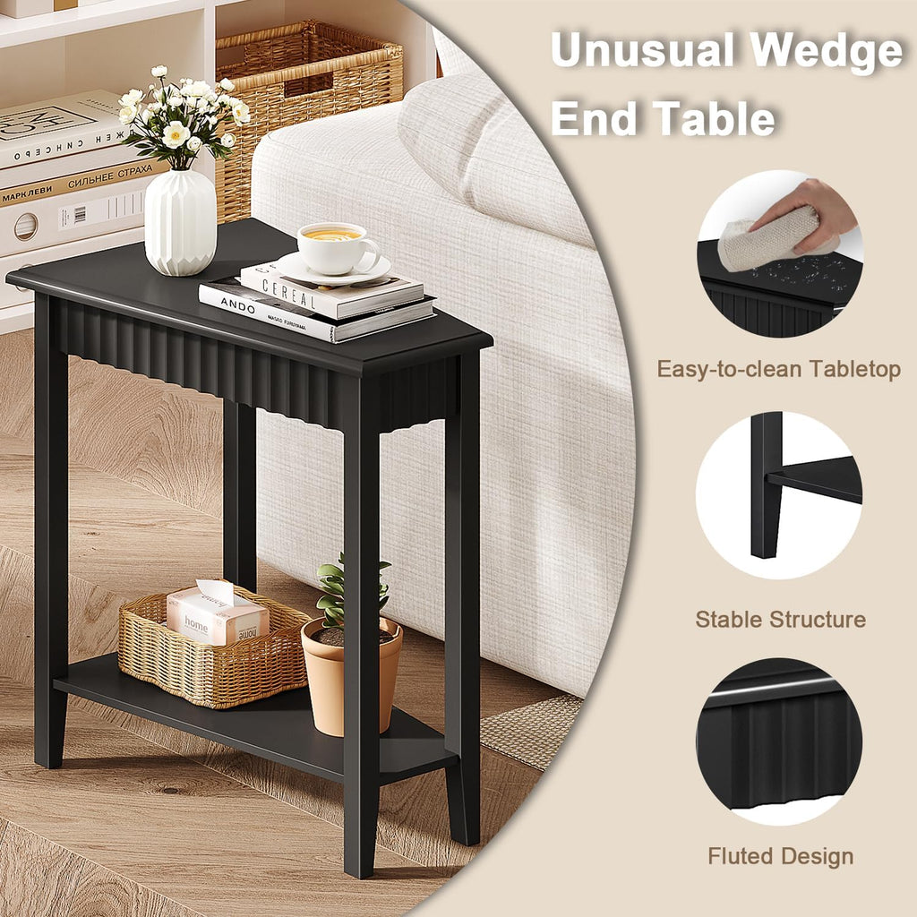 ChooChoo Wedge End Table, Narrow Triangle Side Table with 2-Tier Storage Shelf, Fluted Recliner Side Table for Corner, Living Room, Bedroom, Small Space, Black