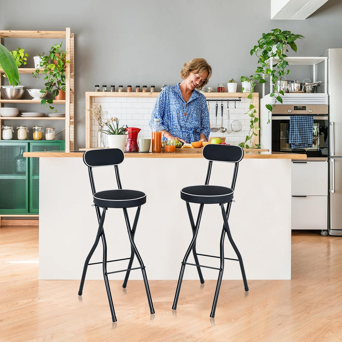 Thyle 1 Pcs 29.5 Inch Folding Bar Stool with Backrest Tall Foldable Stool Chair with Cushioned Padded Portable Collapsible Counter Height Chair for Kitchen Island Shop Cafe Dining Room