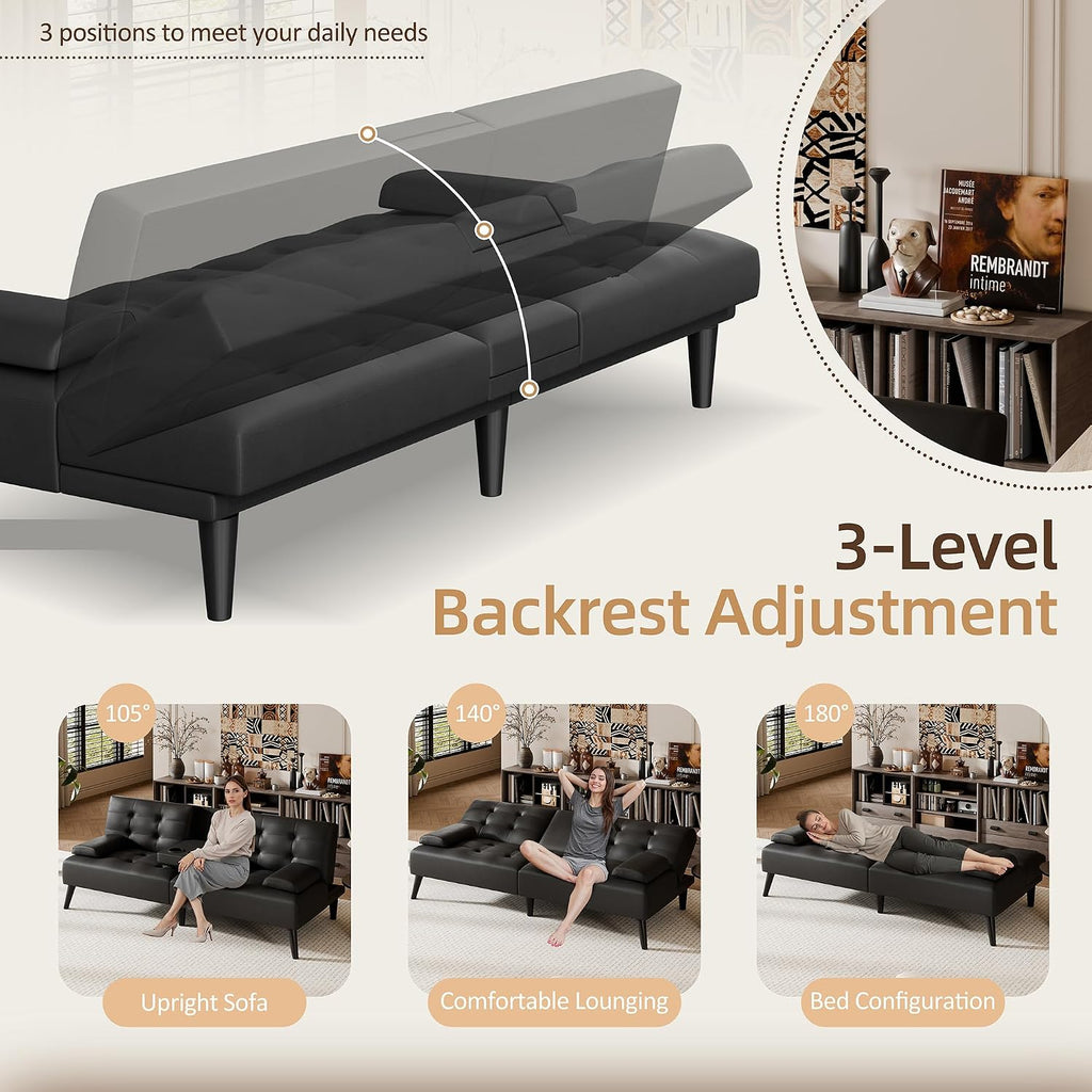 Shintenchi 64" Futon Sofa Bed, Leather Foldable Couch, Upholstered Loveseat Sofa Couch with Folding Cup Holders, Reclining Sleeper with Removable Armrests for Home, Office, Black