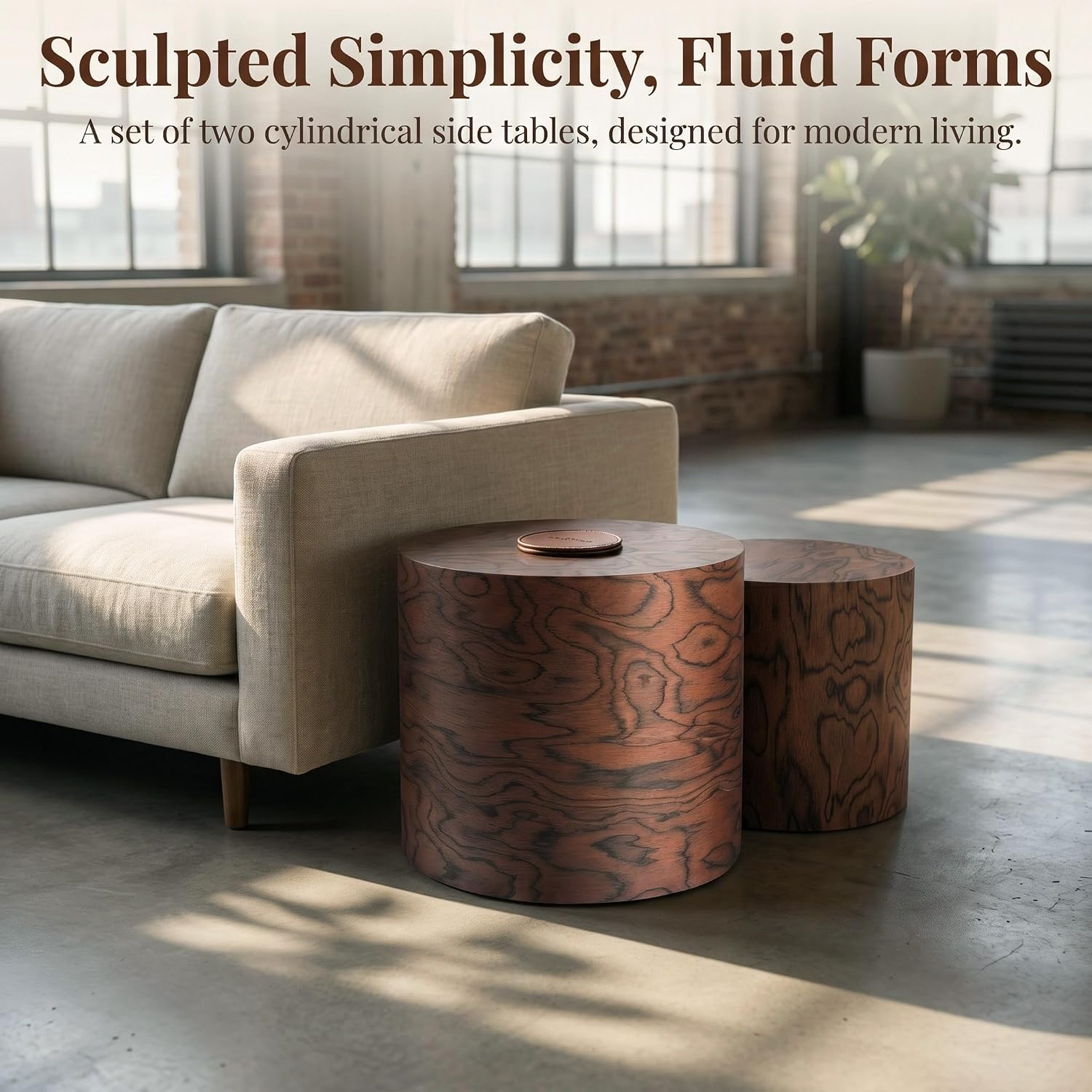 Round Nesting Coffee Table Set of 2, Modern Circle Accent End Table | Wooden Side Table, Small Drum Center Table, Natural Swirl Grain Rustic Side Set for Living Room, Small Space, No Assembling