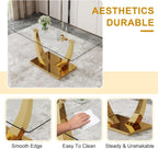Glass Dining Table Set for 6, Modern Kitchen Table Set for 6, 71" Tempered Glass Tabletop with U-Shaped Gold Base, 7 Ppiece Large Dining Room Table Set with White PU Leather Chairs