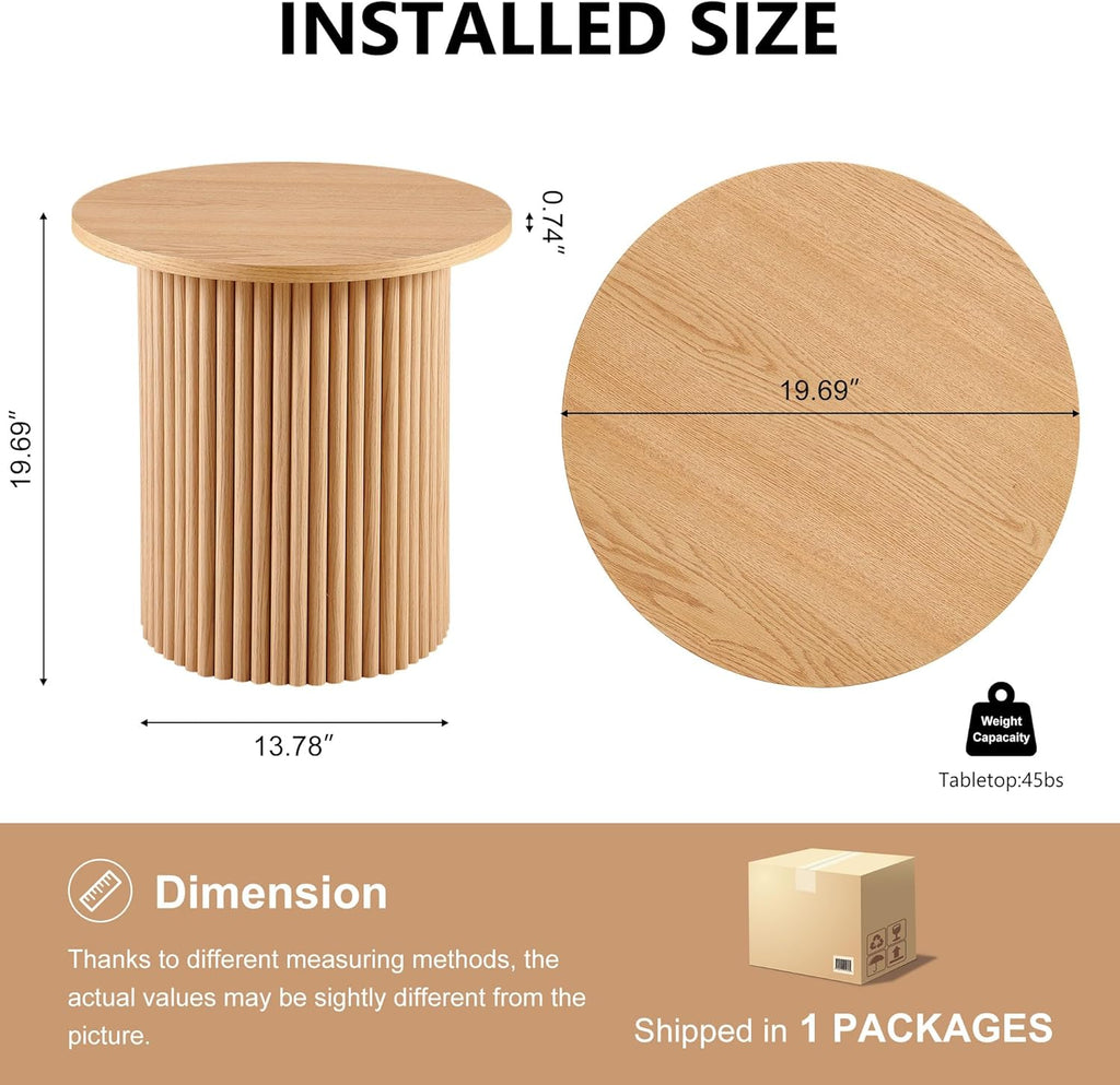 Homedot Small Round Accent Side Table with Wood Strip Base for Living Room, 19.69" Cicle End Table Engineered Wood Desktop Solid Oak Veneer Furnish, Modern Nightstand Table for Bedroom