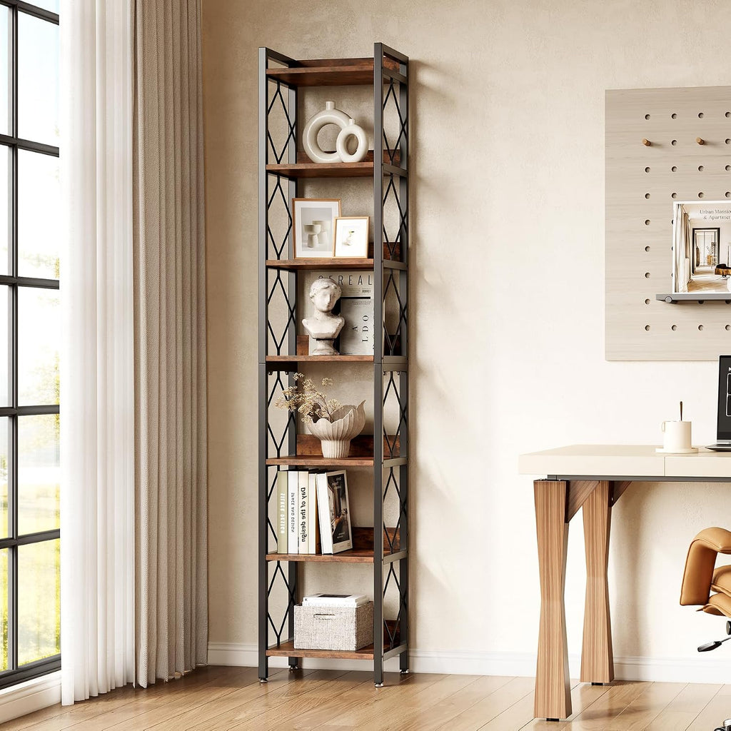 LITTLE TREE Corner Book Shelf, 78.7" Tall Narrow Bookcase, 7-Tier Skinny Wooden Display Shelves with Sturdy Metal Frame for Living Room, Modern Slim Standing Bookshelves for Office Shelf, Small Spaces