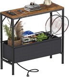 Asgolion 31.5" Console Table, 9.5" D Entryway Table with Power Outlets & USB Ports & Fabric Basket, Narrow Sofa Table for Hallway, Foyer, Living Room, Rustic Brown