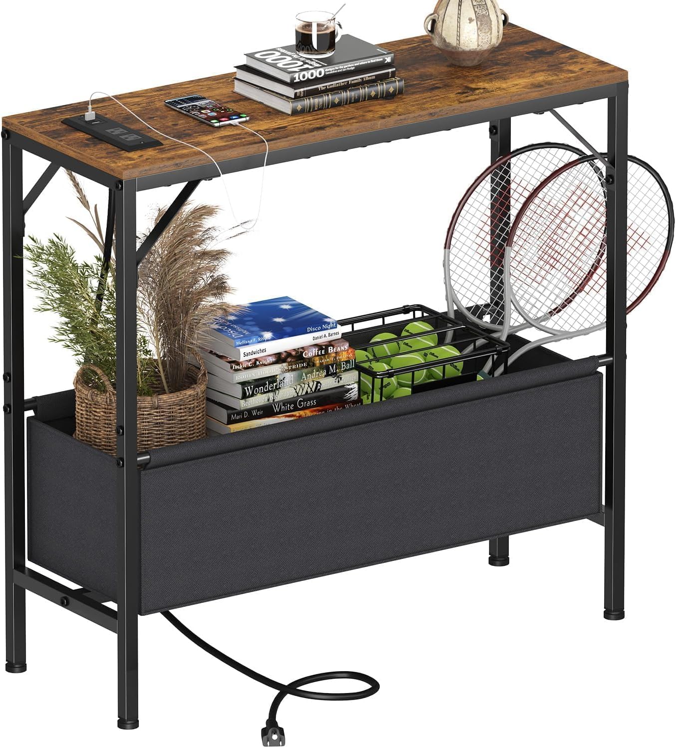 Asgolion 31.5" Console Table, 9.5" D Entryway Table with Power Outlets & USB Ports & Fabric Basket, Narrow Sofa Table for Hallway, Foyer, Living Room, Rustic Brown