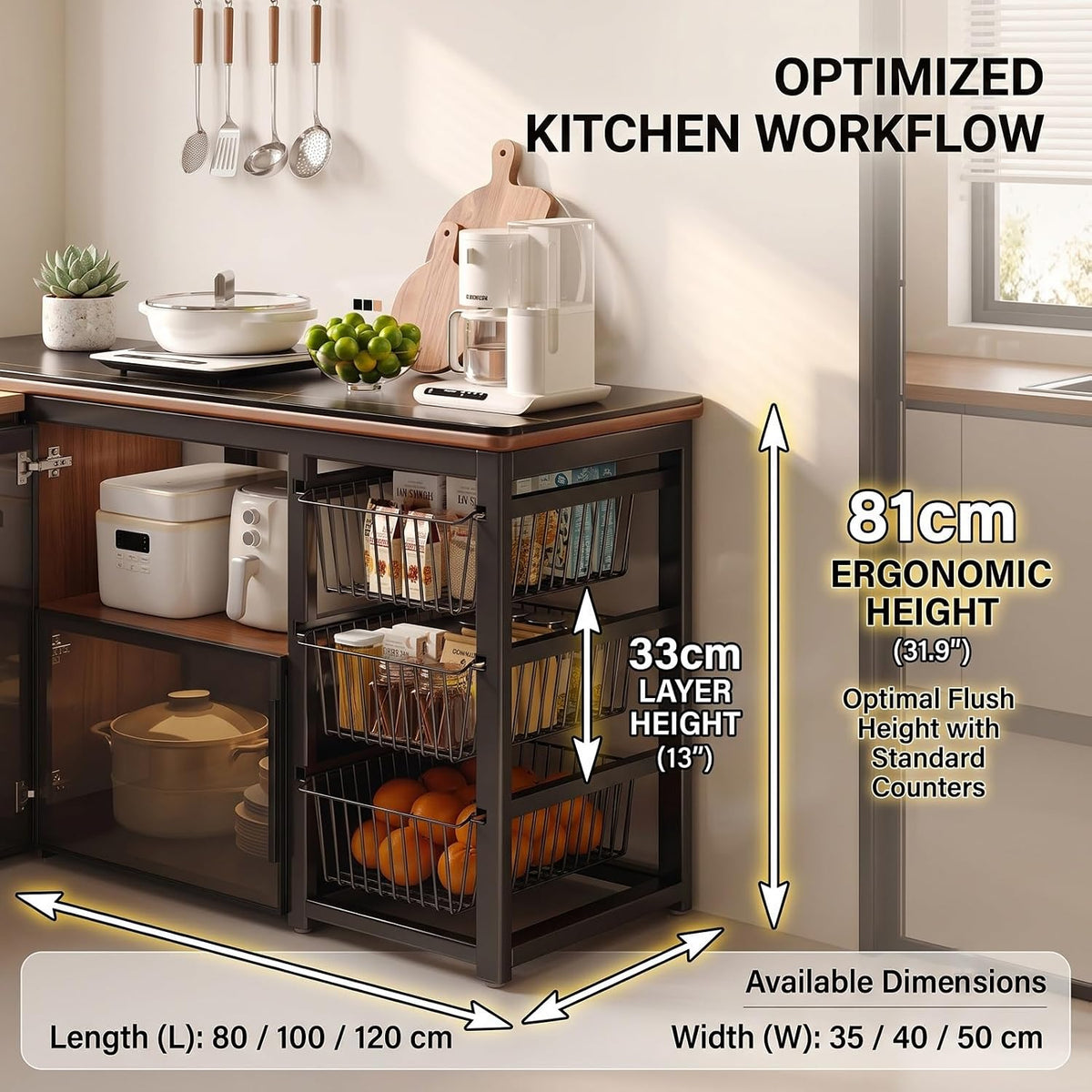 Sintered Stone Kitchen Island Table, Heavy Duty Microwave Stand | With Pull Out Baskets, Kitchen Storage Rack With Glass Doors, 40mm Steel Frame, 50kg Load(White,80x40x81cm)