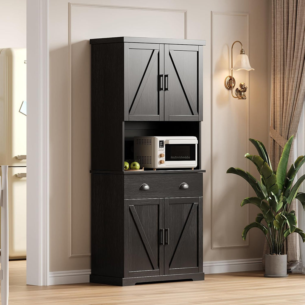 ChooChoo 72" Pantry Cabinet with Storage Drawers, Farmhouse Kitchen Hutch Bar Cabinet with Microwave Stand, Kitchen Cupboard with Door Shelves for Dining Room, Living Room, Black