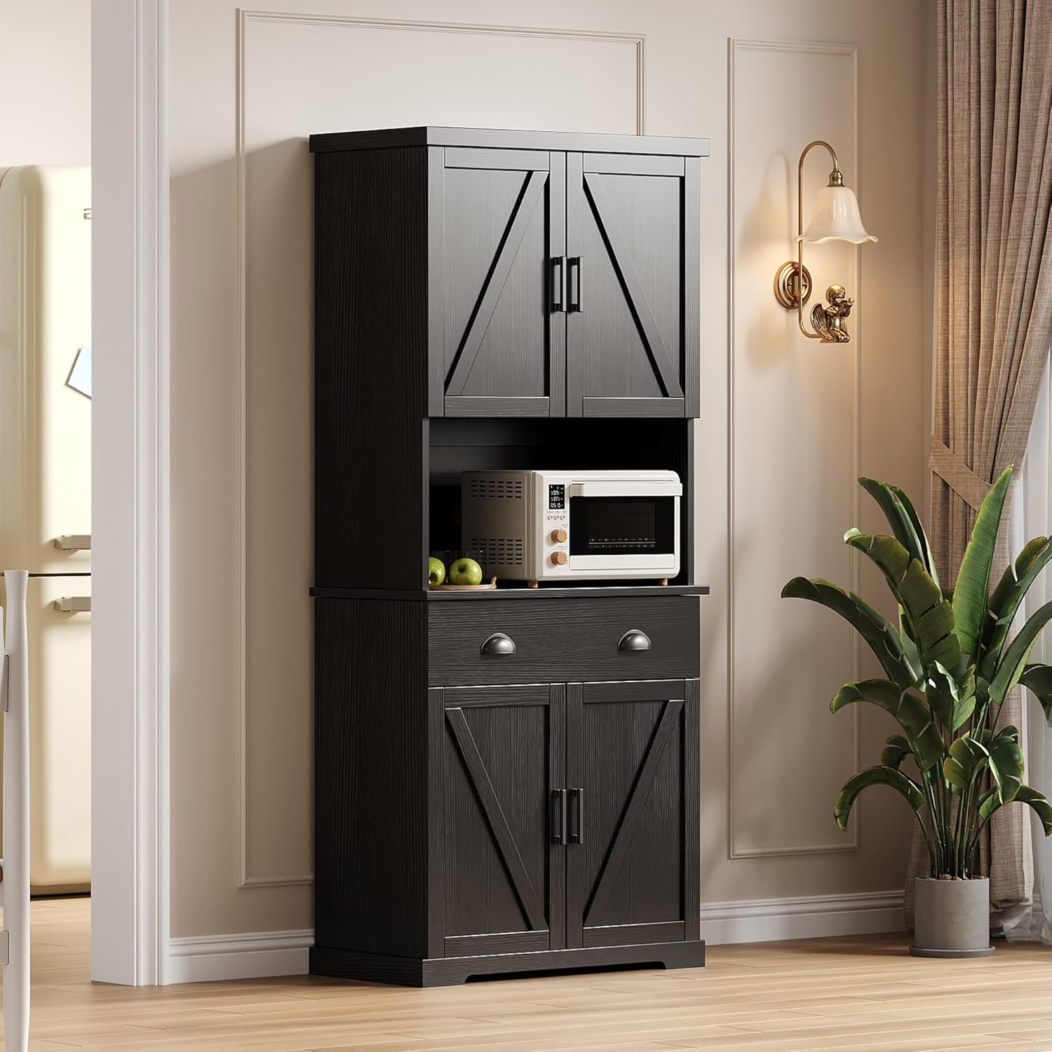 ChooChoo 72" Pantry Cabinet with Storage Drawers, Farmhouse Kitchen Hutch Bar Cabinet with Microwave Stand, Kitchen Cupboard with Door Shelves for Dining Room, Living Room, Black