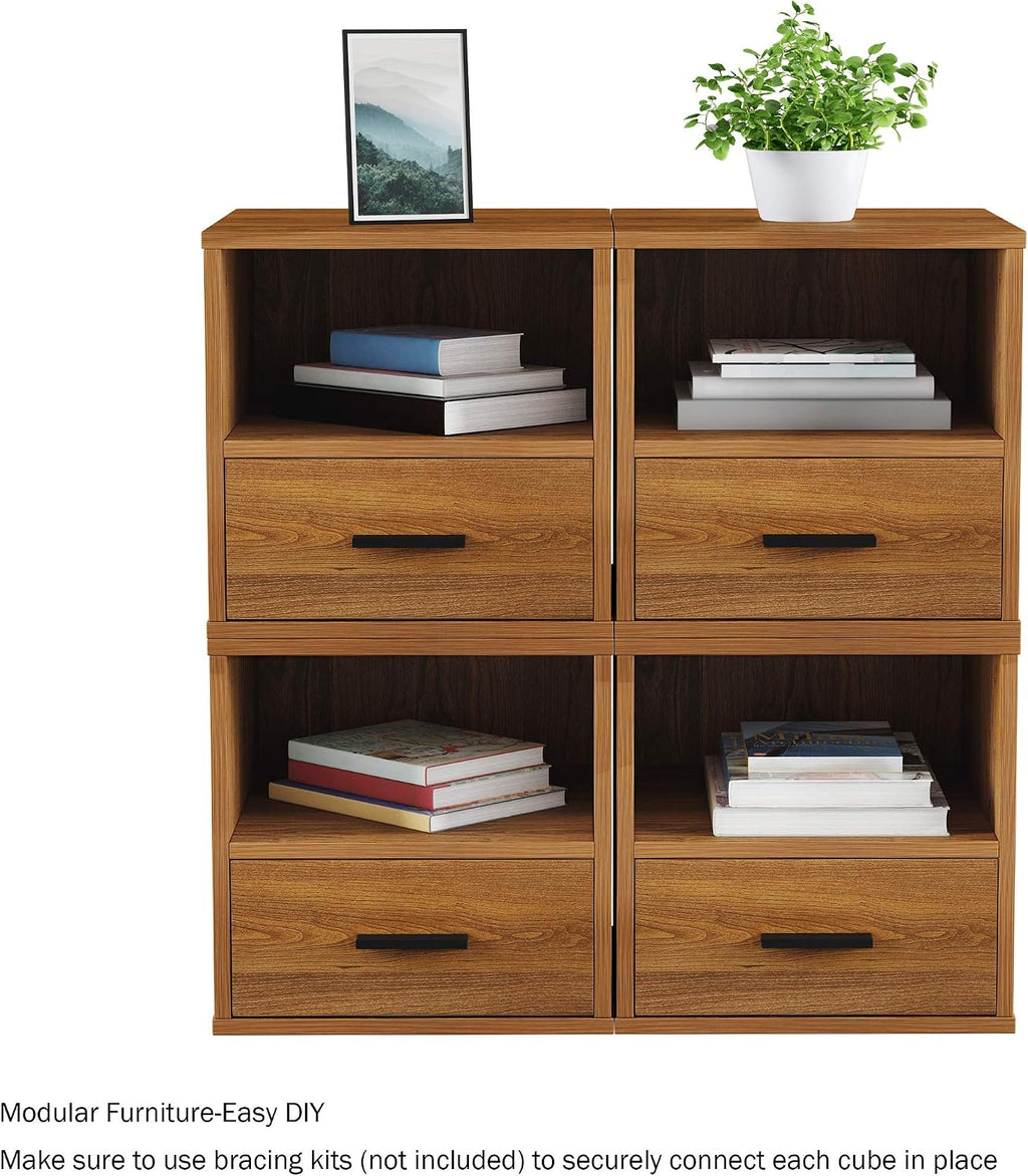 Lavish Home Side Table with Storage - Set of 2 Minimalist Modern Nightstand or End Table with Drawer - Stackable Modular Accent Furniture for Bedroom, Living Room, or Office (Brown Woodgrain)