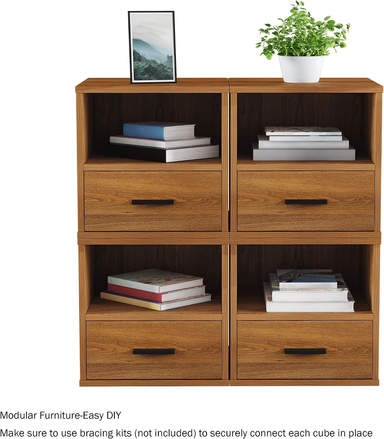 Lavish Home Side Table with Storage - Set of 2 Minimalist Modern Nightstand or End Table with Drawer - Stackable Modular Accent Furniture for Bedroom, Living Room, or Office (Brown Woodgrain)