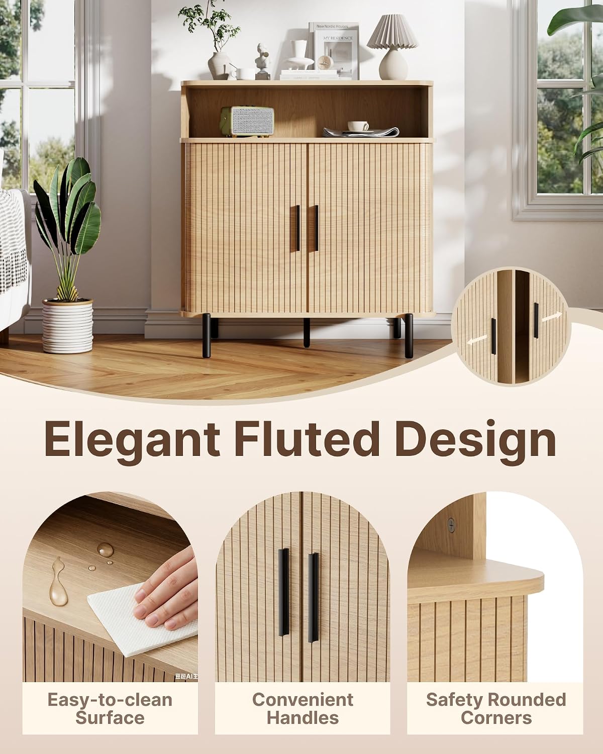 SUNCOZE Buffet Sideboard Cabinet with Big Storage Space, Fluted Coffee Bar Cabinet with Shelves, Modern Wood Console Cabinet for Kitchen, Entryway & Living Room (Wood)