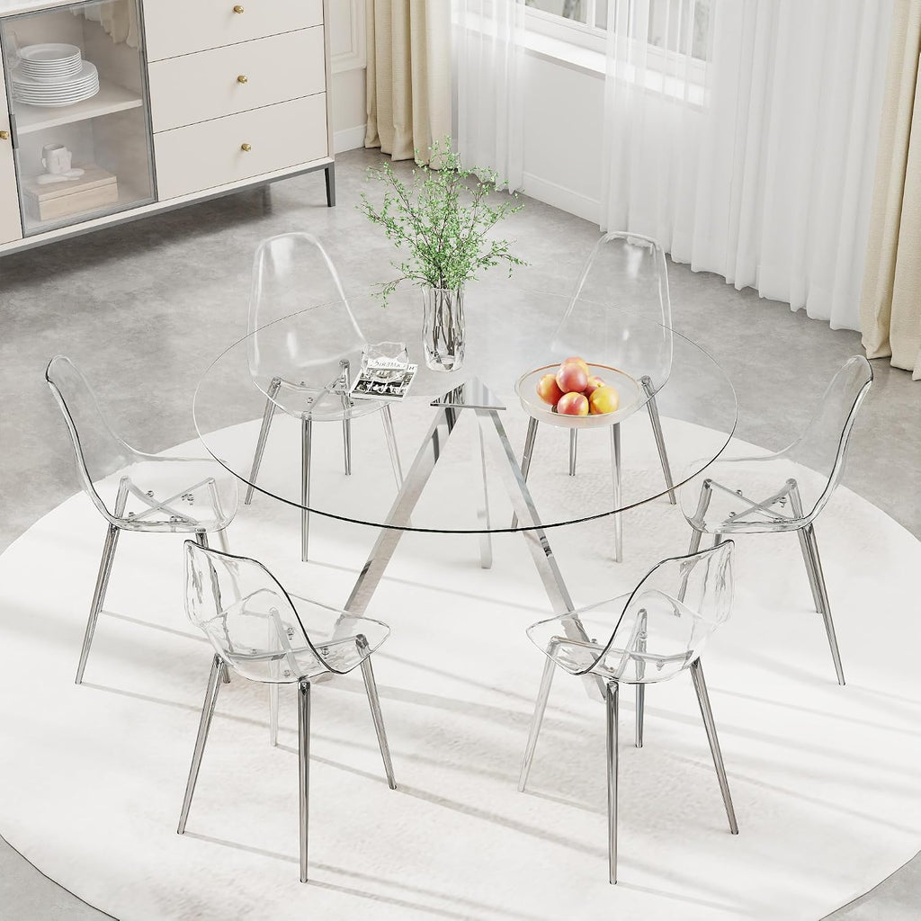 Round Dining Table Set for 6, 47" Clear Tempered Glass Table with Sliver Metal Legs and 6 Transparent Acrylic Chairs, Compact Modern Kitchen Table Set for Small Space Dining Room (Sliver)